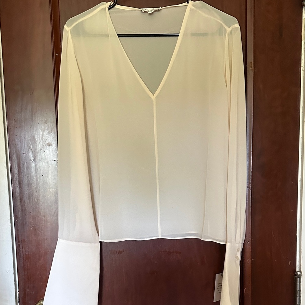 L'Academie Cream V-Neck Sheer Long-Sleeve Blouse